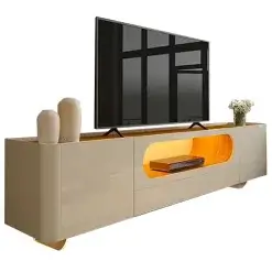 Rack Nobre Com Pes De Vidro Para TV Ate 85 Polegadas 2 Portas 1 Gaveta Com LED