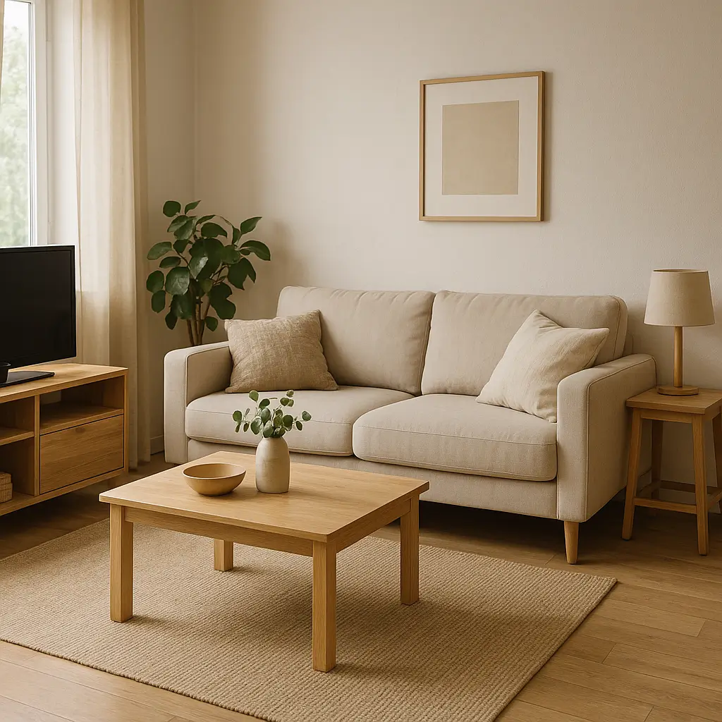 Montar sala simples com móveis baratos: sofá bege, mesa de centro de madeira, tapete neutro, planta decorativa.
