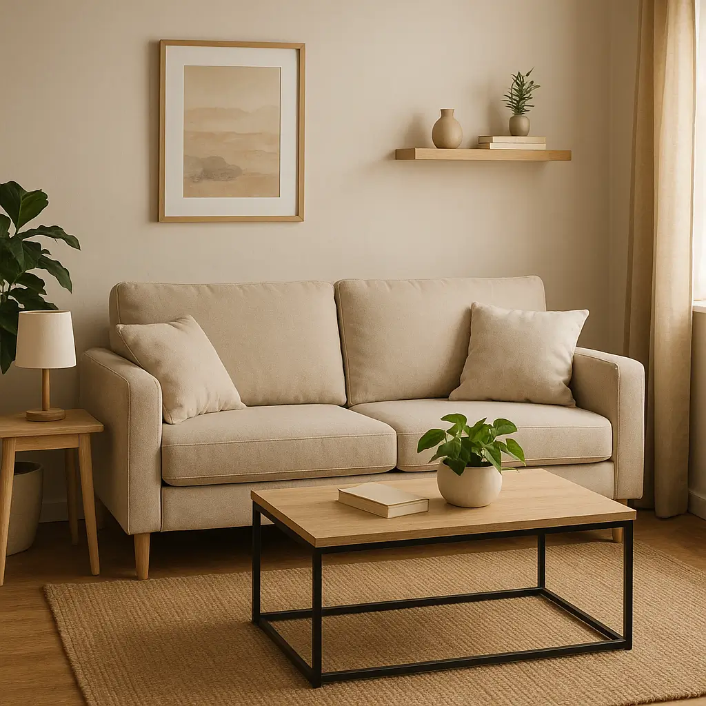 Sala simples com sofá bege, mesa de centro, planta e decoração minimalista; montar sala simples com móveis baratos: dicas rápidas e práticas.