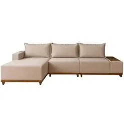 Sofa Living Suica 6 Lugares Com Chaise 288cm Tecido Linho Lufer Bege