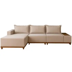 Sofa Living Suica 6 Lugares Com Chaise 288cm Tecido Linho Lufer Bege