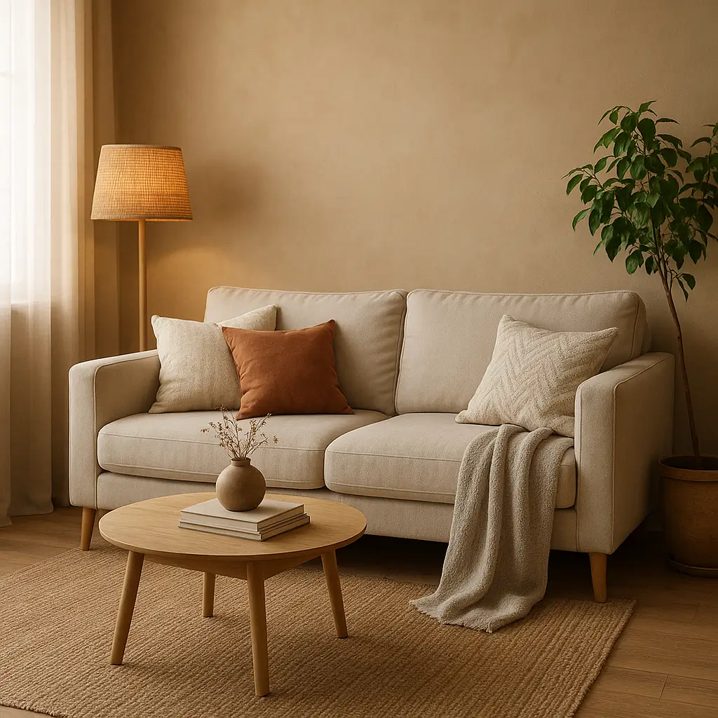 Sofá bege com almofadas coloridas, abajur de piso, mesa de centro de madeira e planta decorativa ajudam a montar sala confortável gastando pouco.