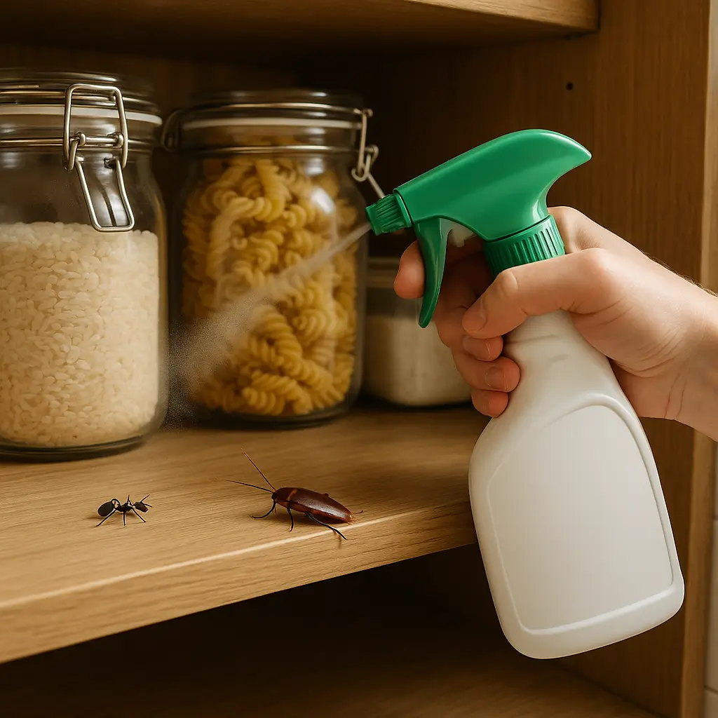 Spray afastando formiga e baratinha de armário de cozinha com potes de mantimentos.