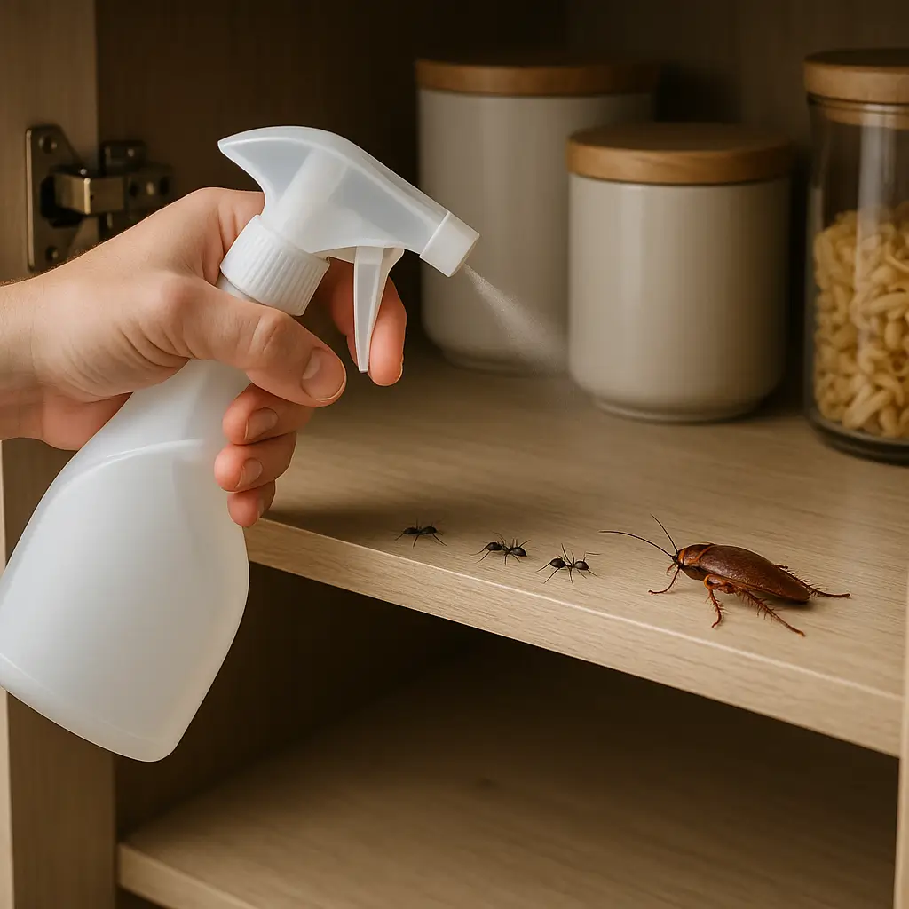 Spray sendo usado para afastar formiga e baratinha de armário de cozinha.