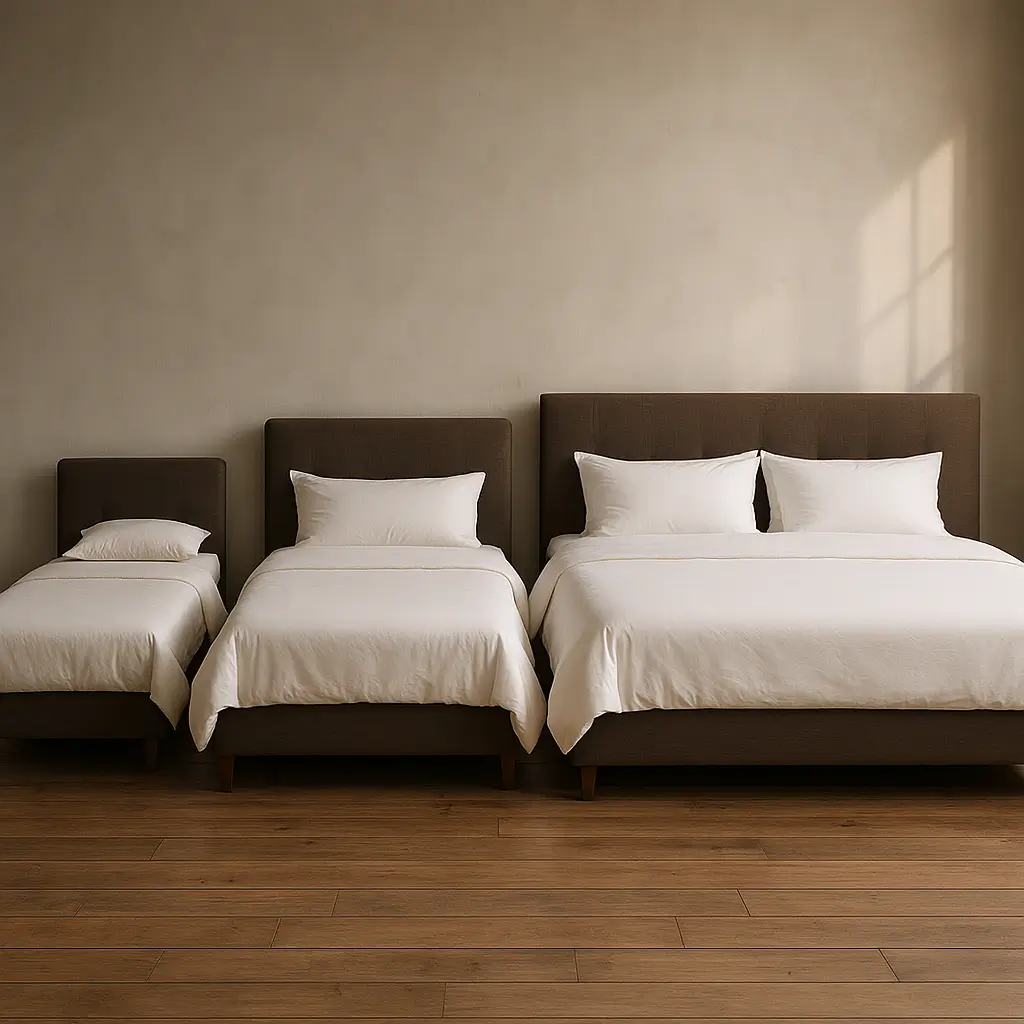 Camas lado a lado mostrando diferentes tamanhos de cama em uma sala com piso de madeira.