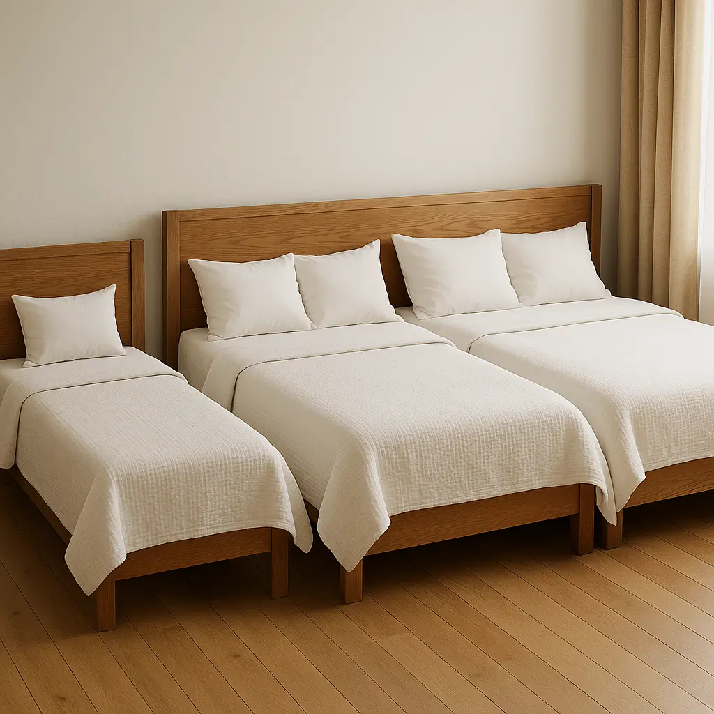 Três camas de tamanhos diferentes alinhadas lado a lado, cada uma com lençóis e travesseiros brancos.