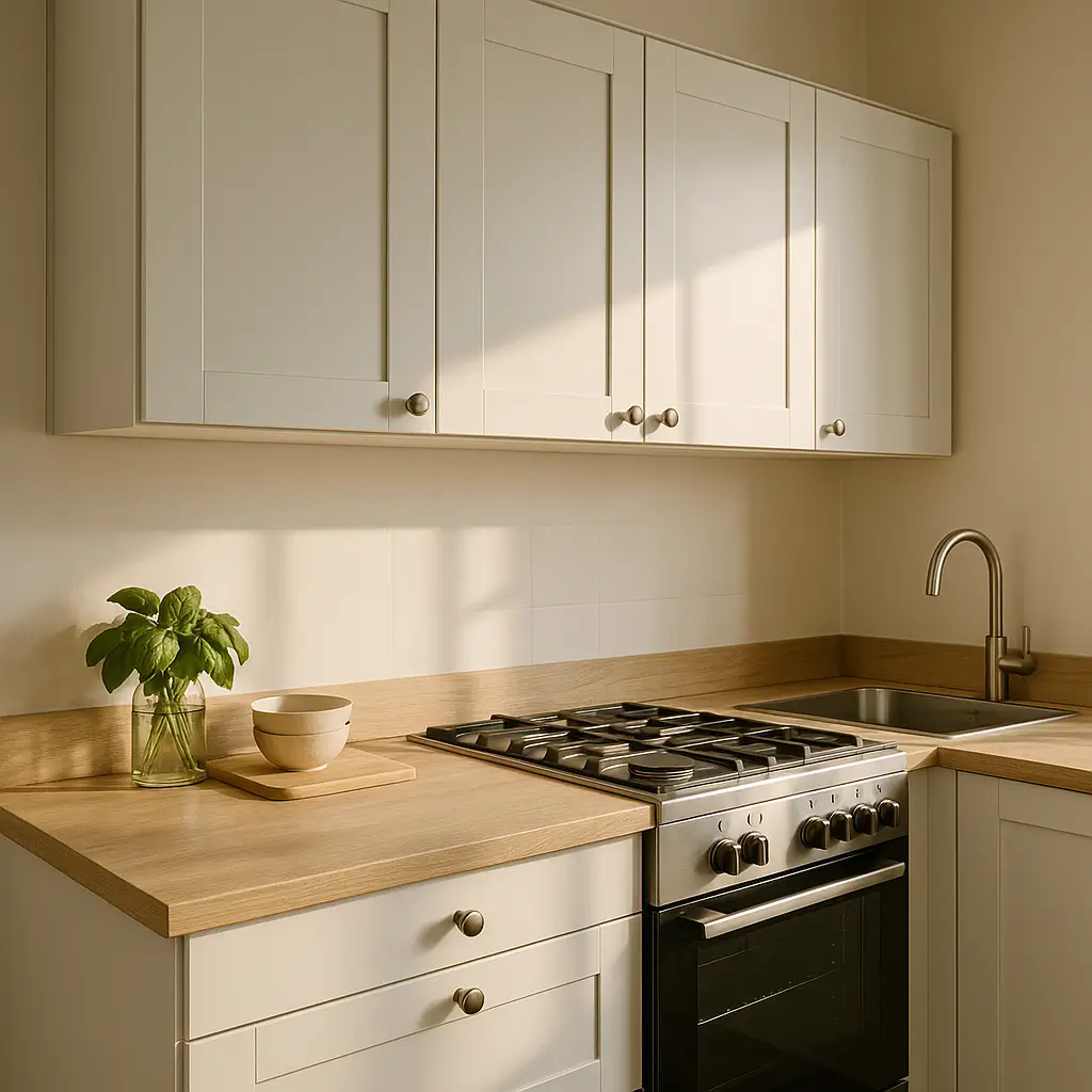 Altura do armário aéreo na cozinha: distância certa; armários brancos acima da bancada de madeira, fogão e pia inox