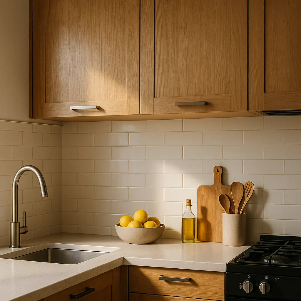 Altura do armário aéreo na cozinha: distância certa; armários de madeira sobre bancada, torneira inox, limões e fogão