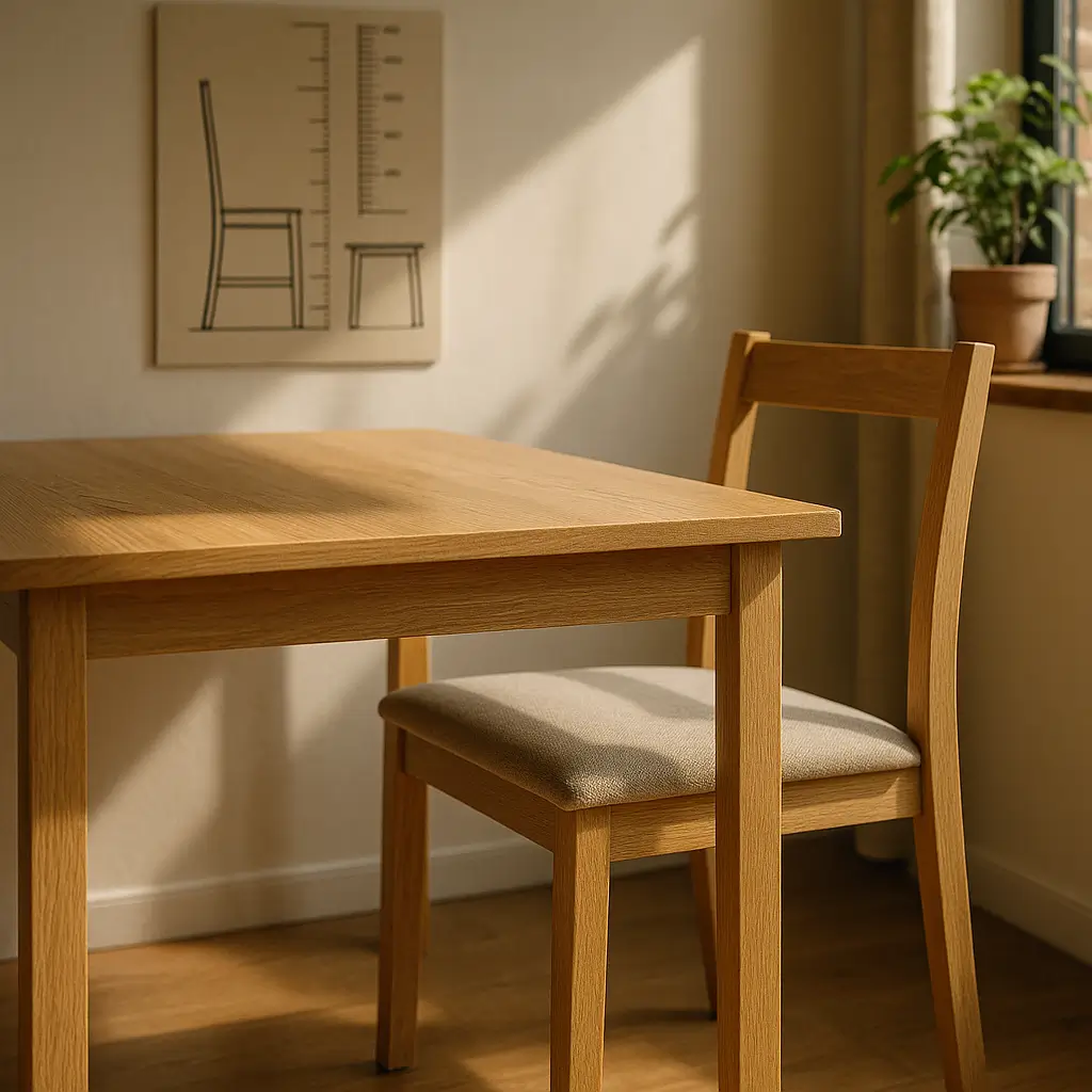 Altura ideal de mesa e cadeira de jantar, mesa e cadeira de madeira com quadro de medidas na parede