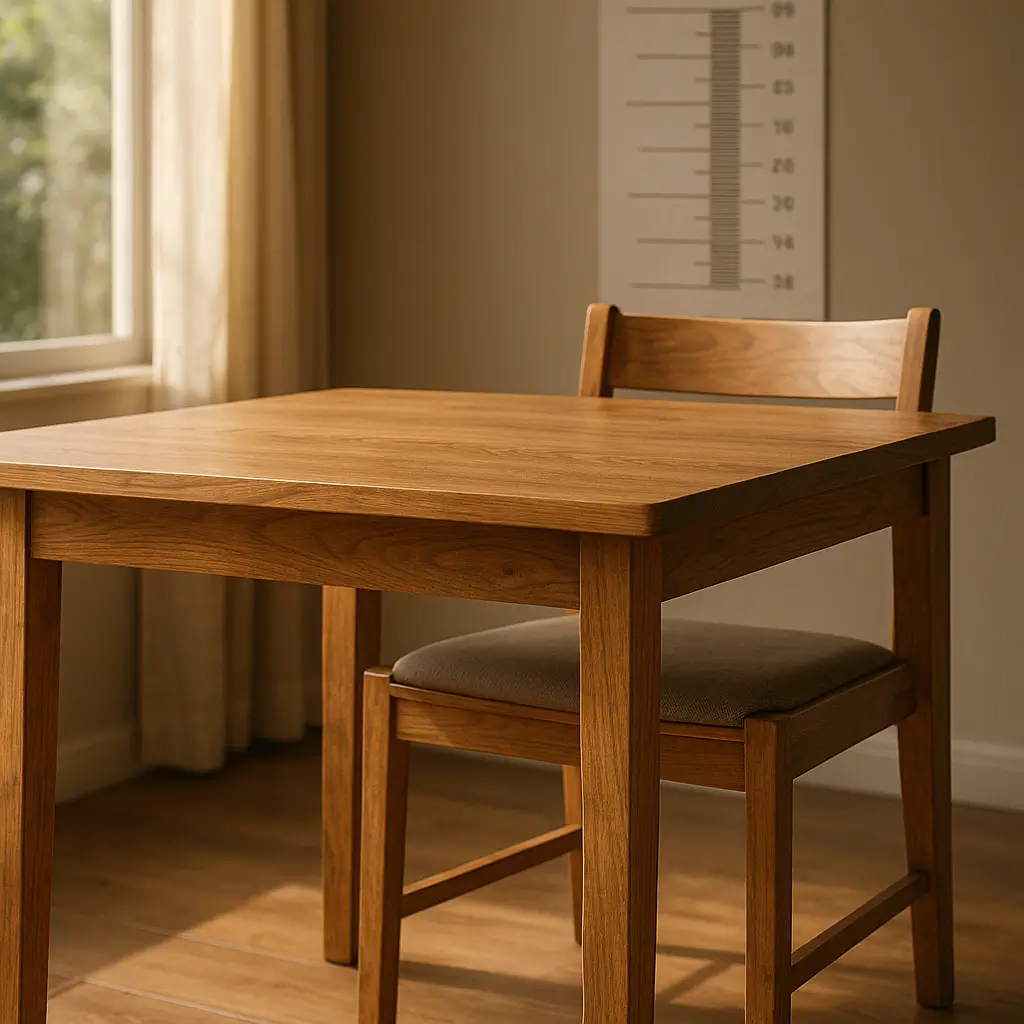 Altura ideal de mesa e cadeira de jantar, mesa quadrada de madeira com cadeira estofada e régua de medidas na parede