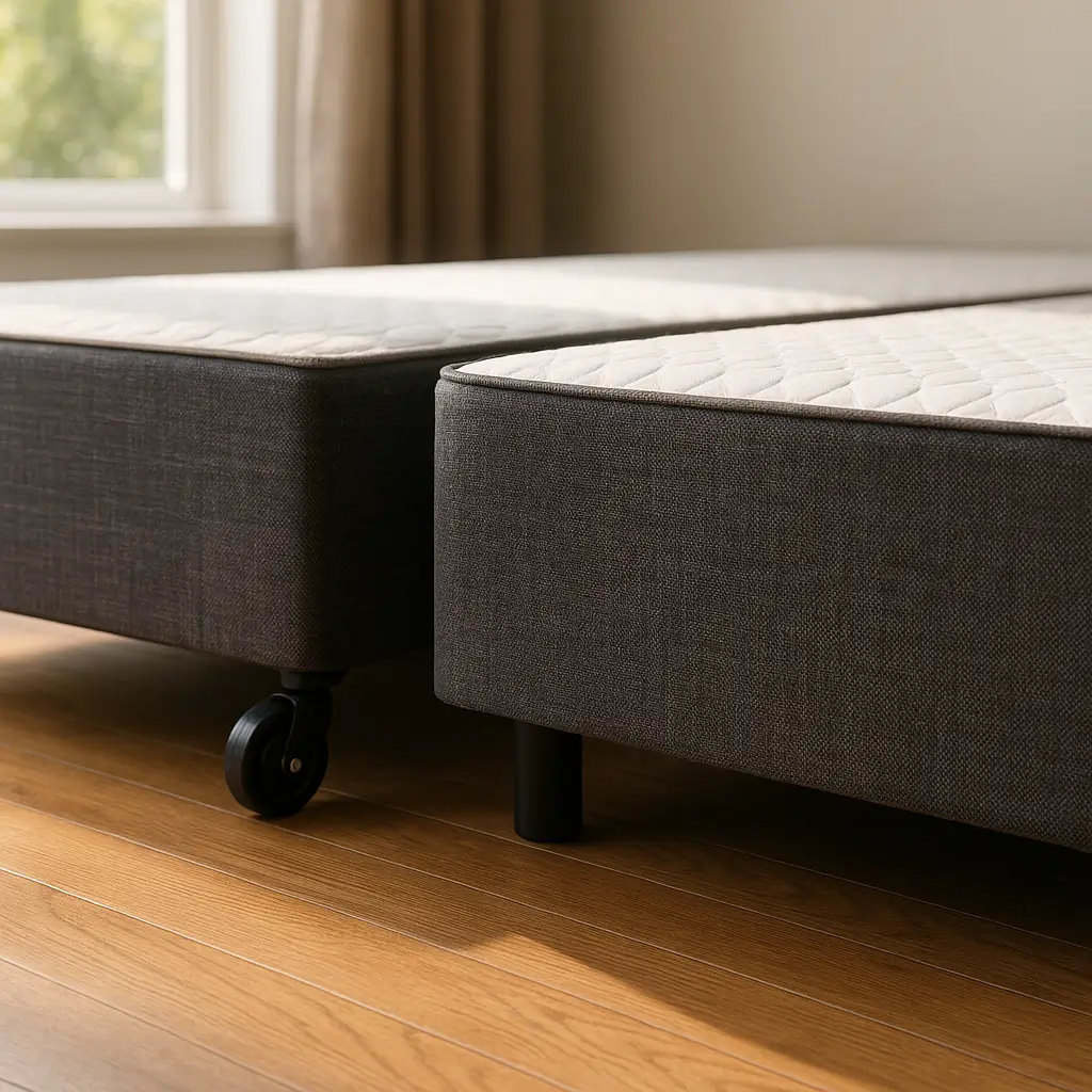 Base box com rodízio: prós, contras e quando usar, base cinza com roda ao lado de base com pé fixo