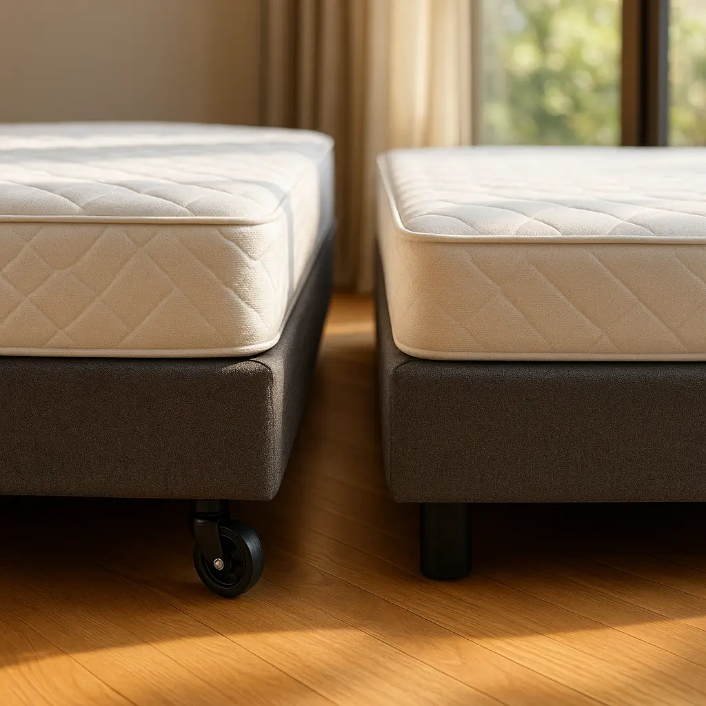 Base box com rodízio: prós, contras e quando usar, comparação lado a lado com roda e pé fixo