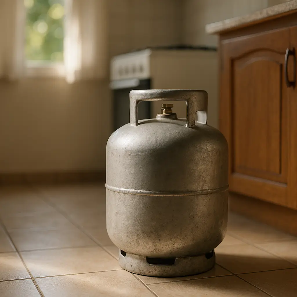 Botijão de gás pode ficar dentro de casa? Normas 2025, botijão cinza na cozinha perto do fogão