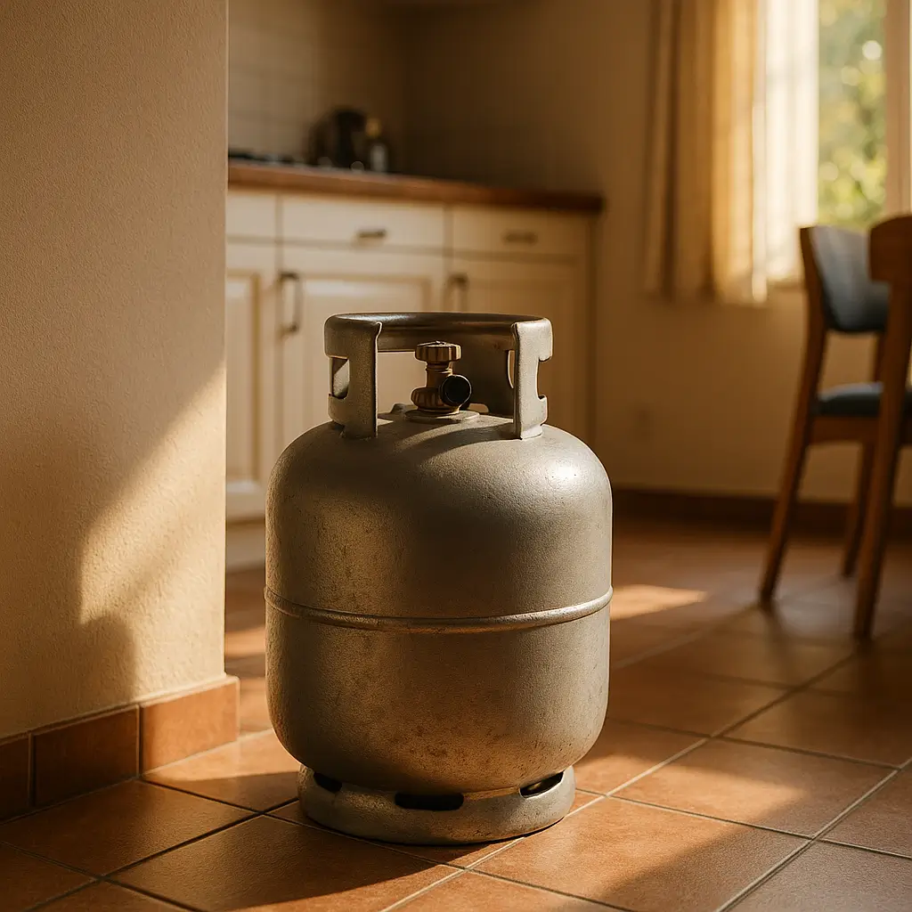 Botijão de gás pode ficar dentro de casa? Normas 2025, botijão cinza no piso da cozinha com luz natural