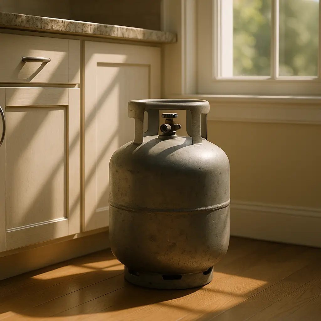 Botijão de gás pode ficar dentro de casa? Normas 2025, botijão cinza sob luz da janela na cozinha