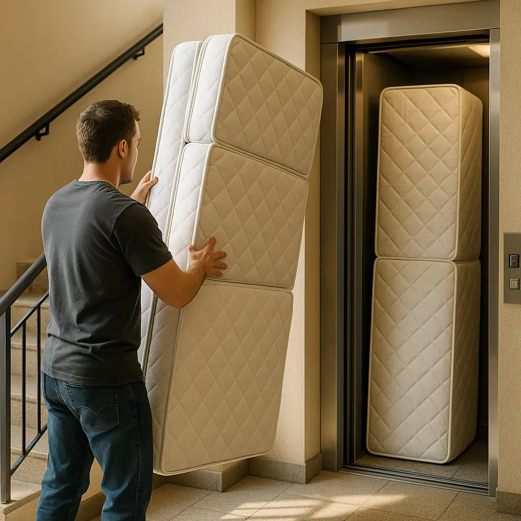 Box bipartido ou inteiro: qual sobe em escada e elevador; pessoa carregando base box bipartida, módulos dentro do elevador