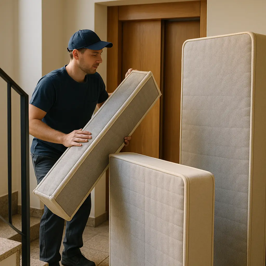 Box bipartido ou inteiro: qual sobe em escada e elevador; pessoa com módulo de base box bipartida, peças encostadas no elevador