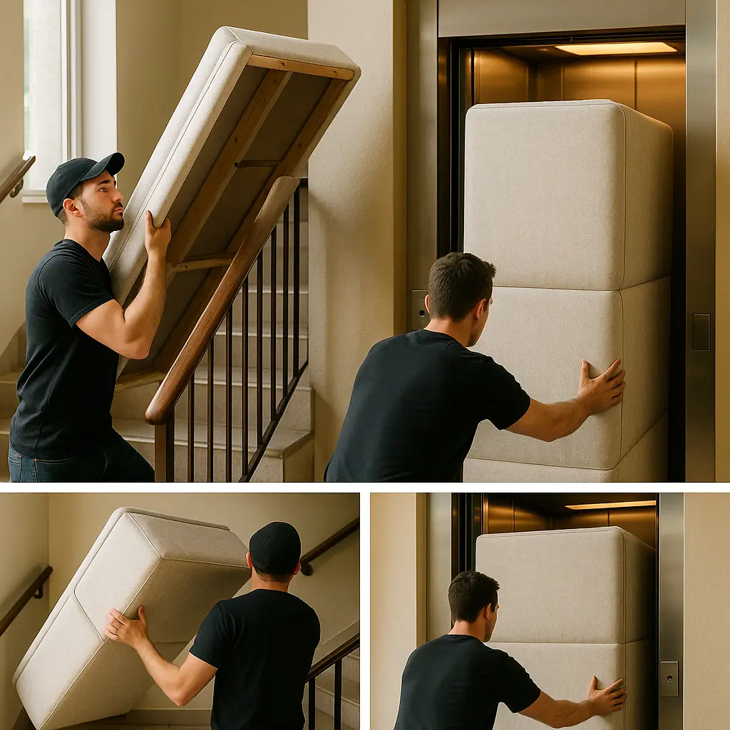 Box bipartido ou inteiro: qual sobe em escada e elevador; sequência levando base box pela escada e acomodando no elevador