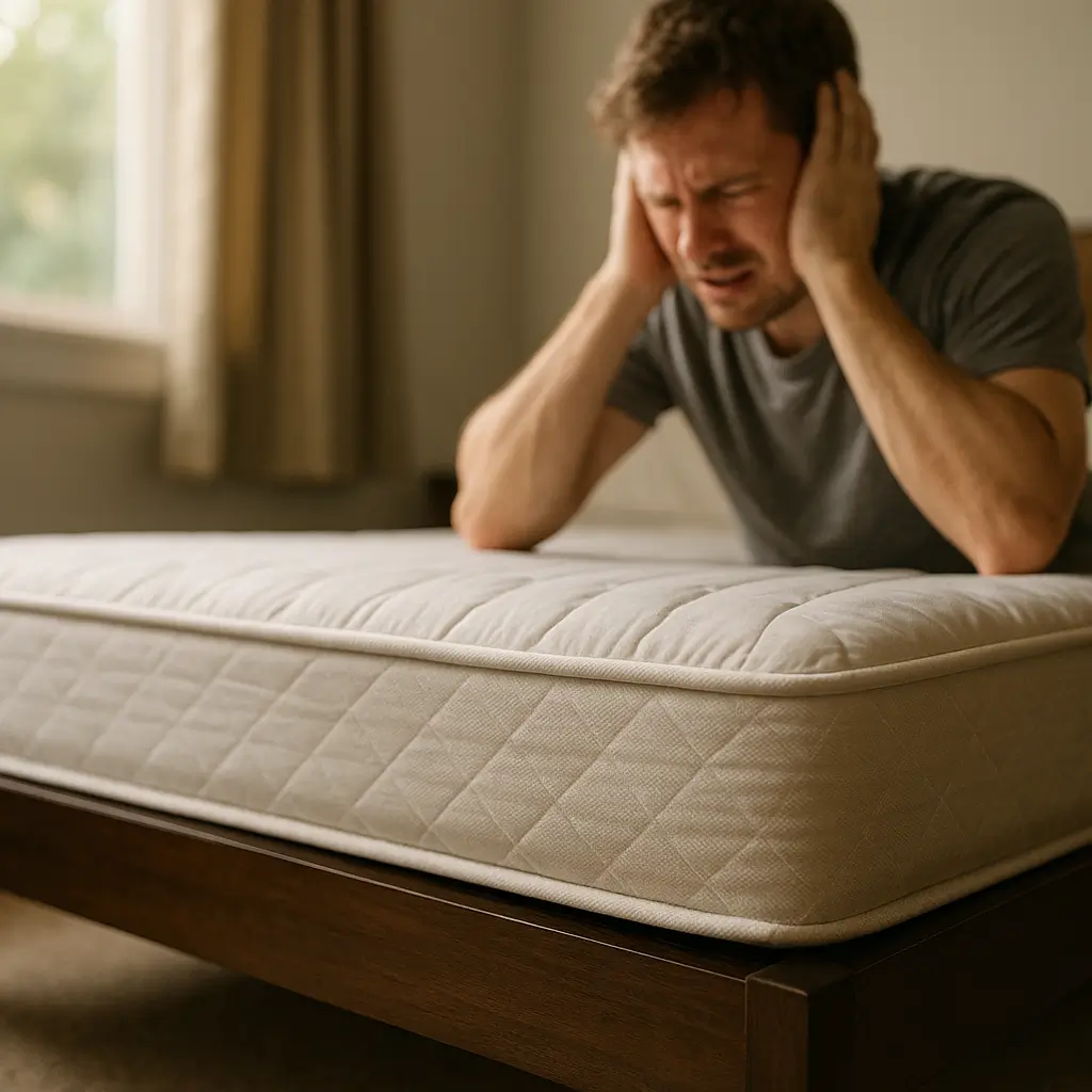 Cama box fazendo barulho: como acabar em 5 minutos; homem tampando os ouvidos ao lado do colchão em cama de madeira
