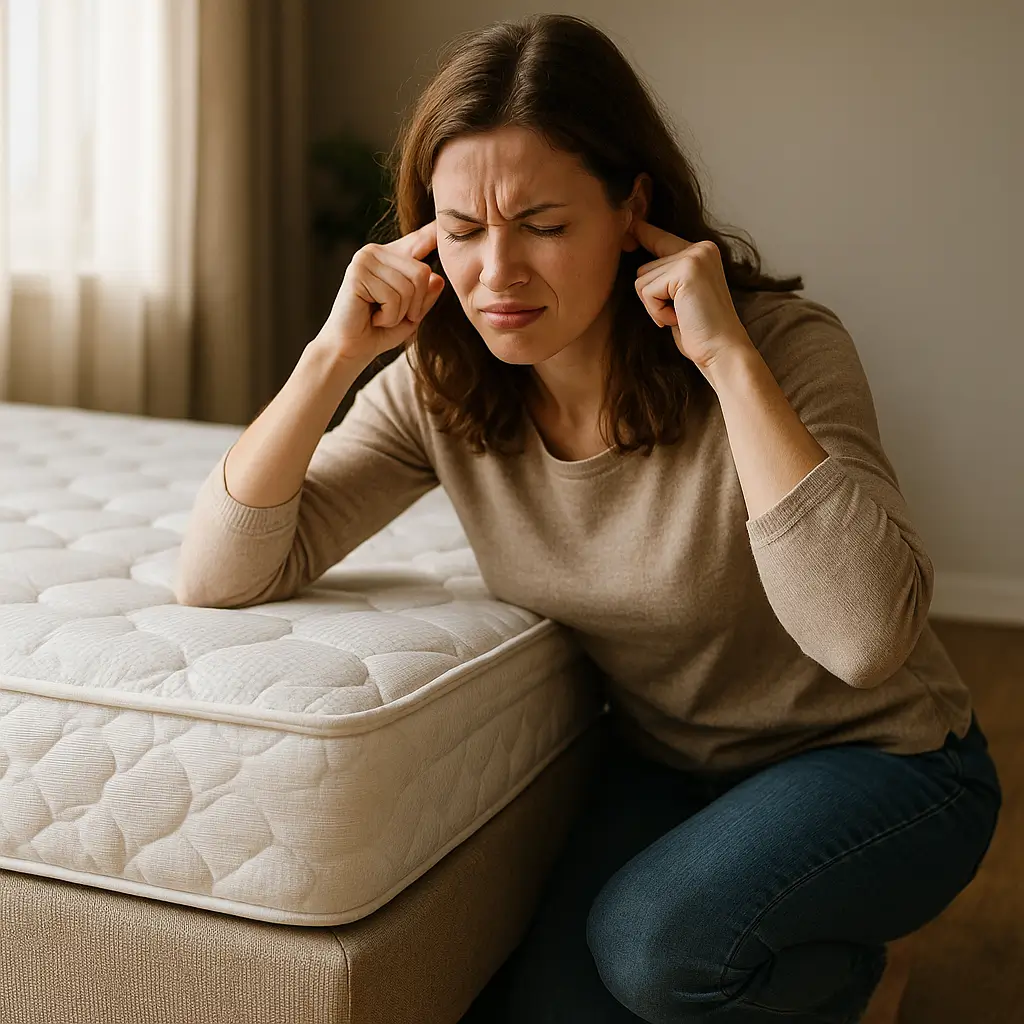 Cama box fazendo barulho: como acabar em 5 minutos; mulher tampando os ouvidos ao lado do colchão