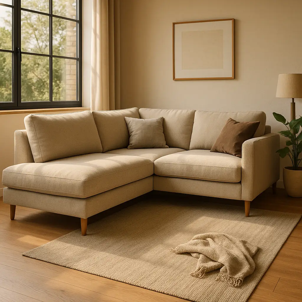 Chaise esquerda ou direita: como escolher na sua sala, sofá bege em L com chaise esquerda, almofadas, quadro, janela preta, tapete com manta