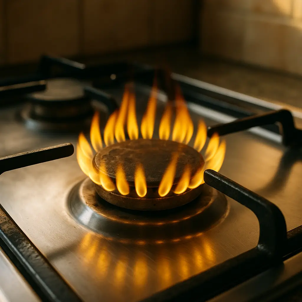 Chama do fogão amarela: causas e como ajustar, queimador aceso com chama amarela