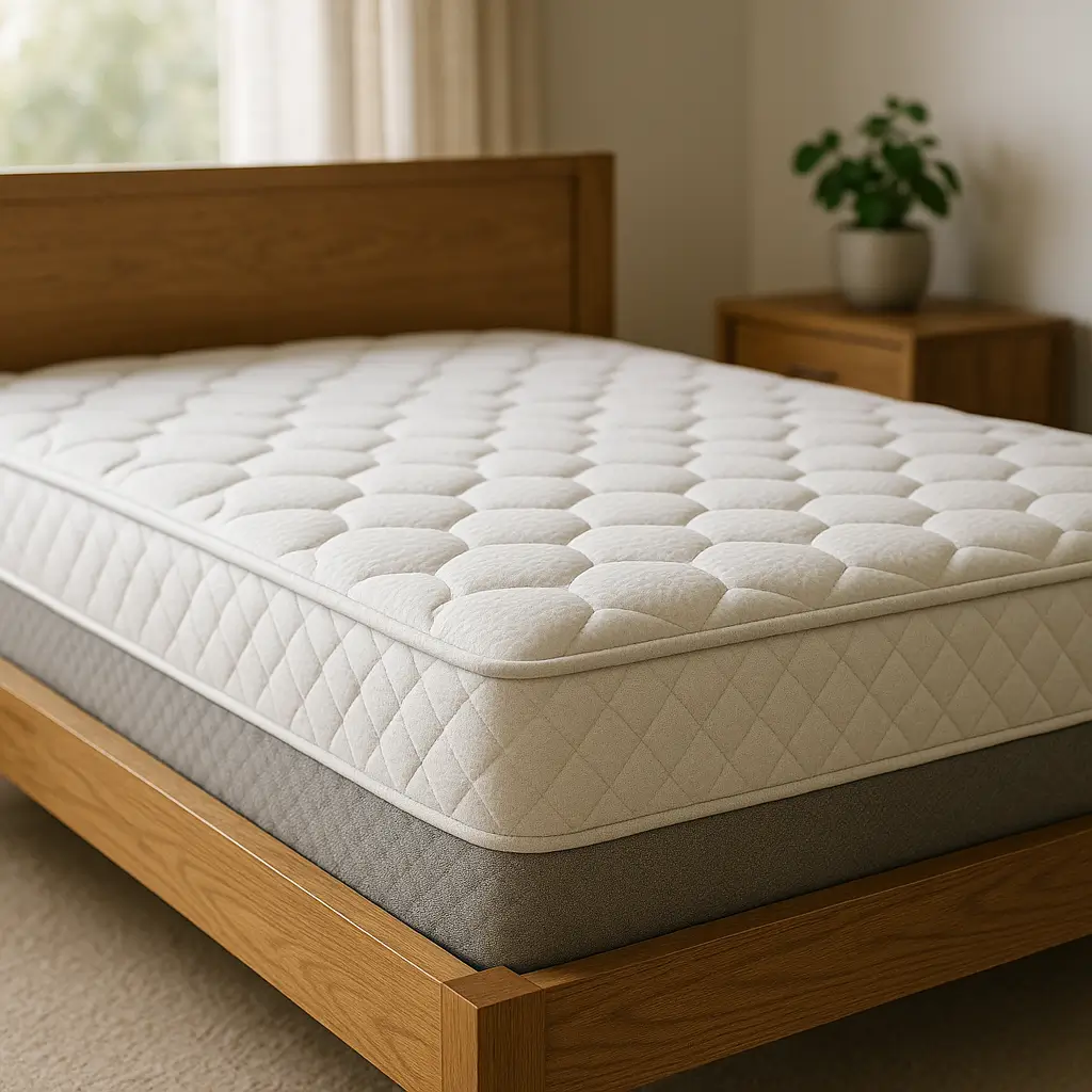 Colchão ortopédico em cama de madeira com planta ao fundo.