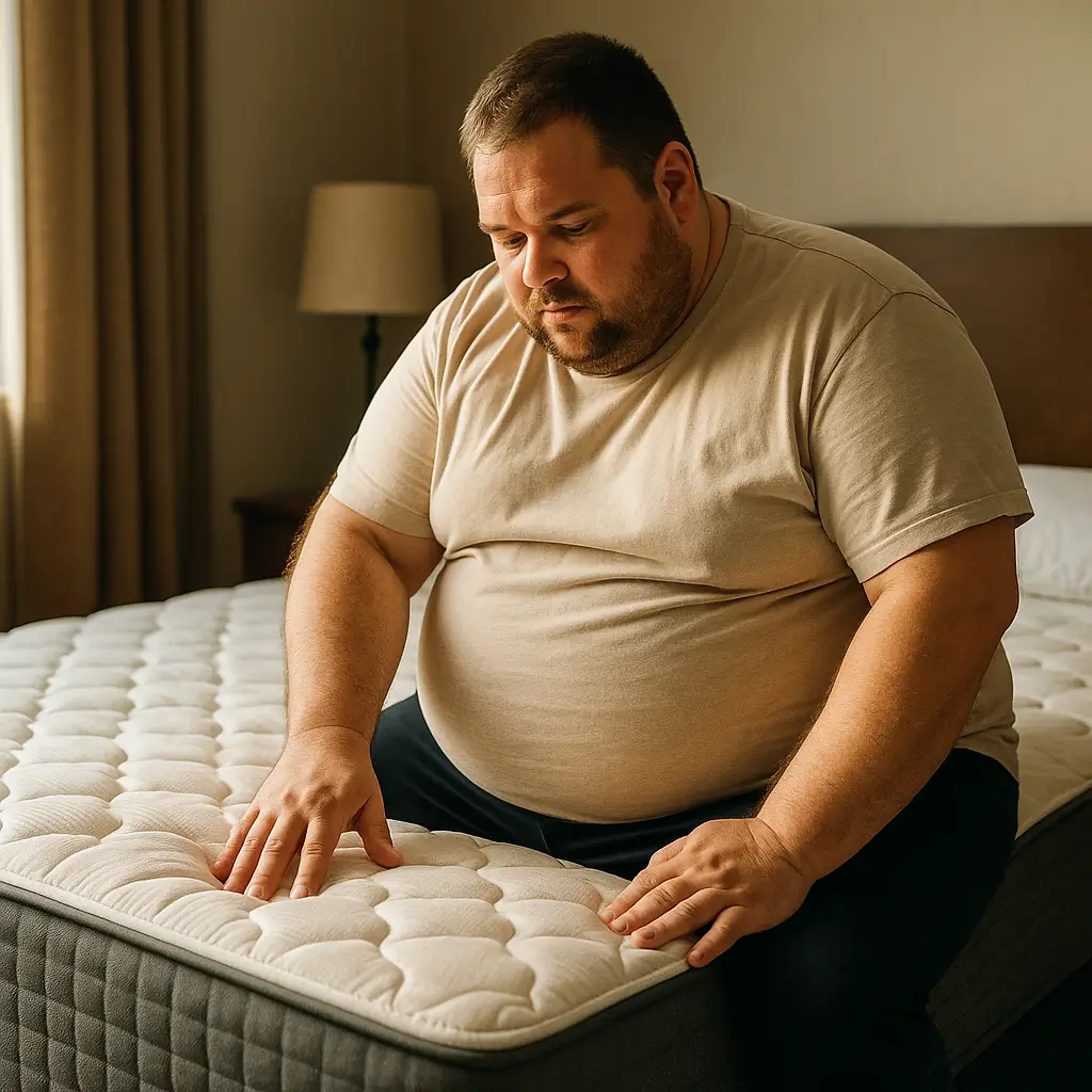 Colchão para pessoas acima de 100 kg: guia rápido, homem testando firmeza do colchão