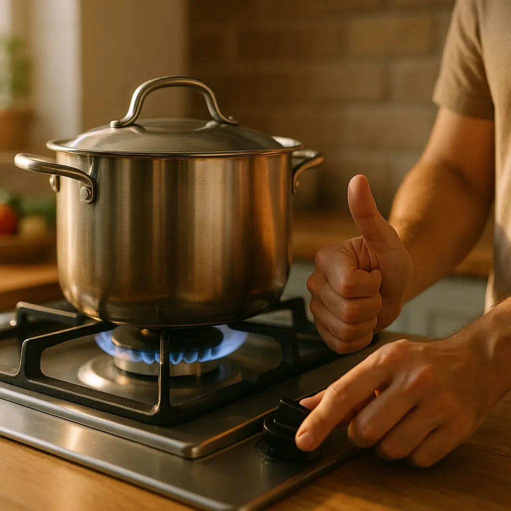 Como economizar gás no fogão: 15 dicas rápidas, panela tampada no fogo baixo, mão ajusta chama com joinha