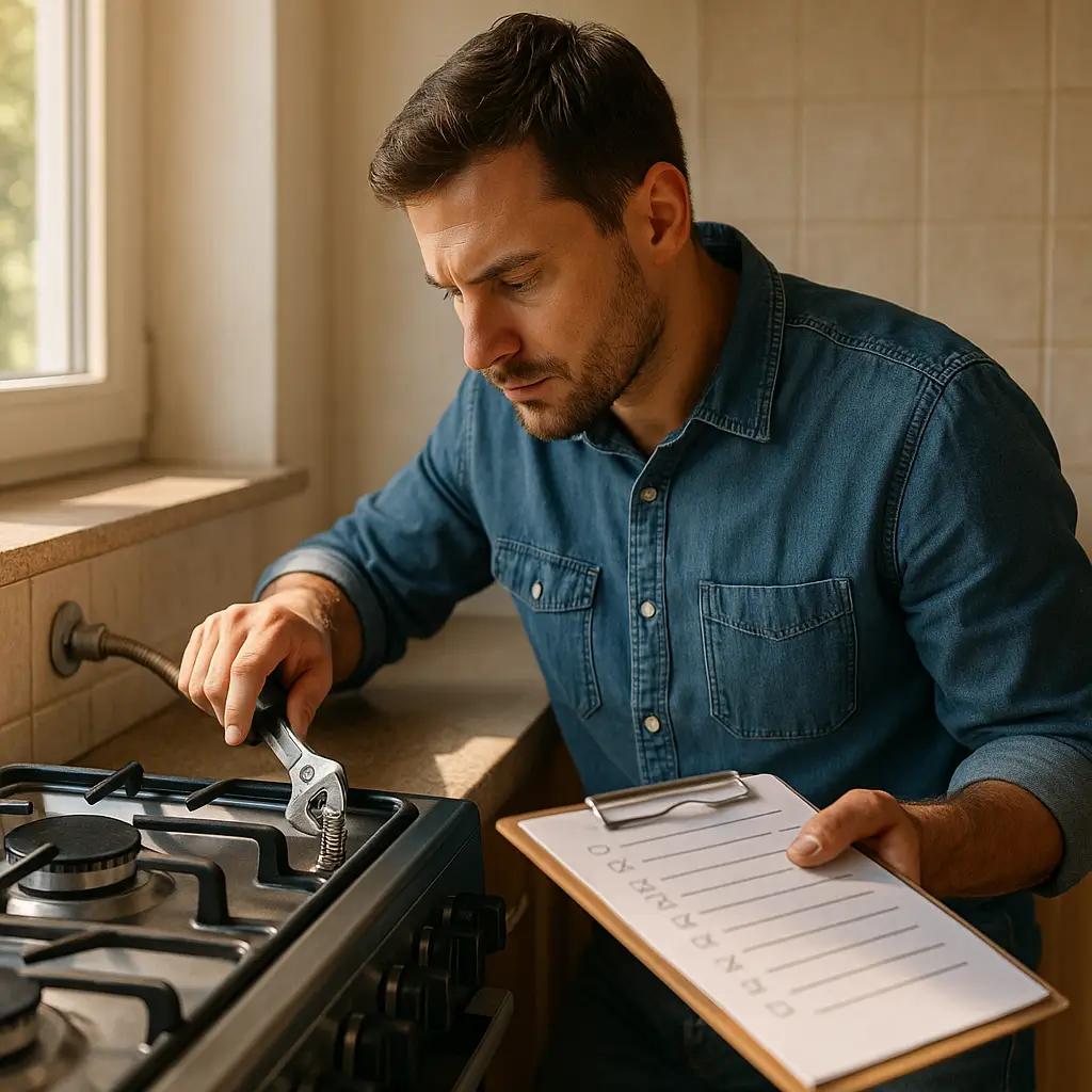 Como instalar fogão a gás com segurança; homem de camisa jeans ajustando conexão do gás com chave e segurando prancheta