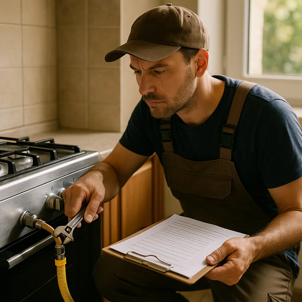 Como instalar fogão a gás com segurança; técnico apertando conexão da mangueira amarela com chave e segurando prancheta