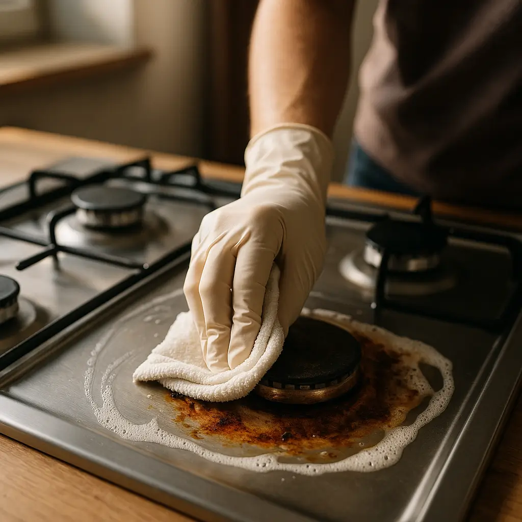 Como limpar fogão inox queimado: passo a passo, luva branca esfregando pano com espuma no queimado do fogão inox