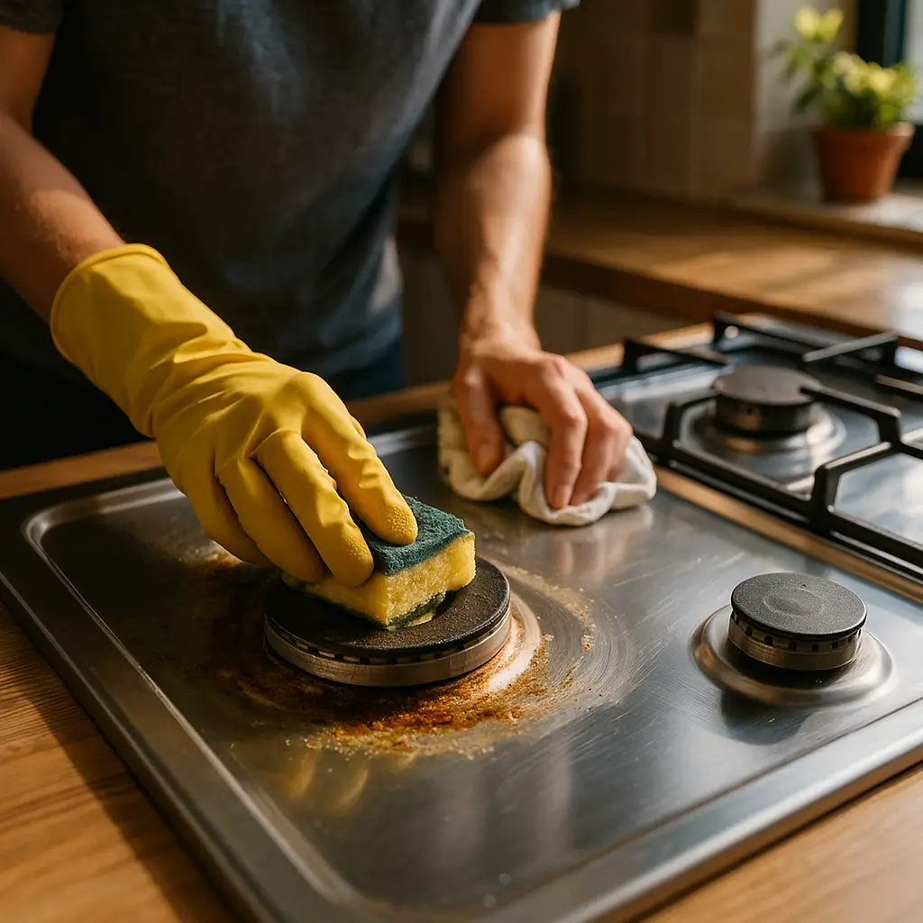 Como limpar fogão inox queimado: passo a passo, mão com luva amarela esfregando queimado com esponja no fogão inox