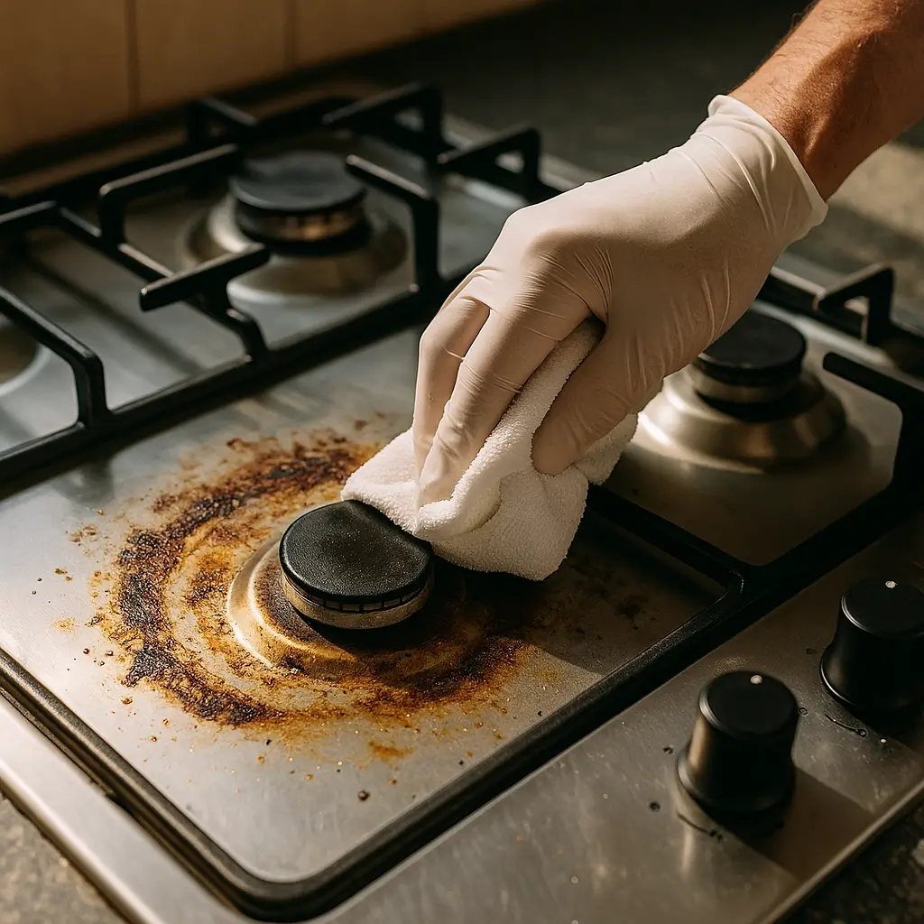 Como limpar fogão inox queimado: passo a passo, mão com luva branca esfregando pano no queimador com manchas de gordura