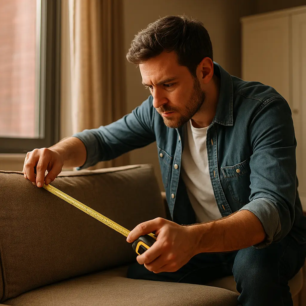 Como medir elevador escada e corredor: sofá e guarda-roupa, trena medindo assento do sofá
