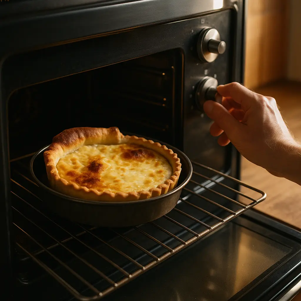 Como regular forno que assa torto: passo a passo, mão ajustando botão, torta dourando desigual no forno