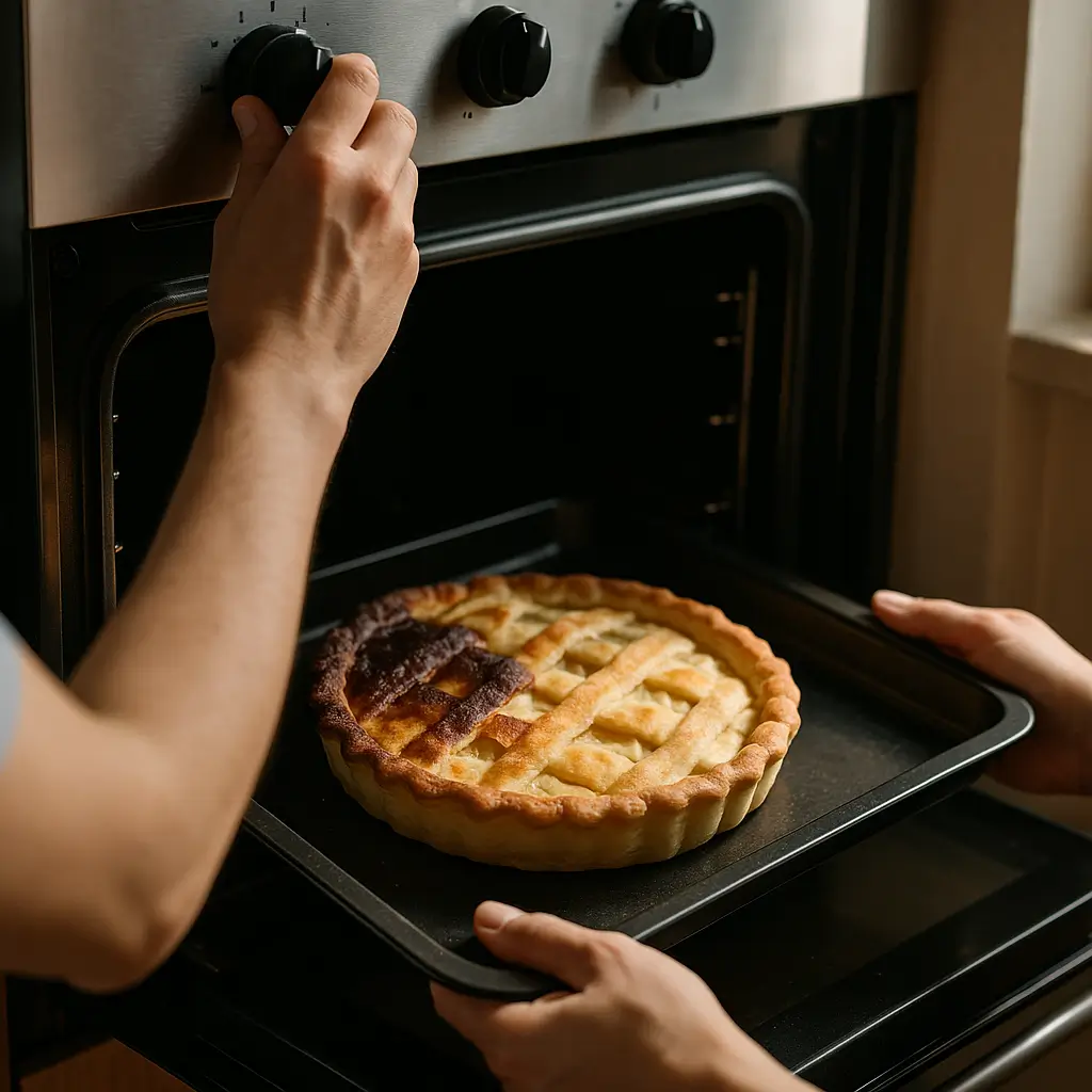 Como regular forno que assa torto: passo a passo, mãos ajustando botão, torta com lado queimado