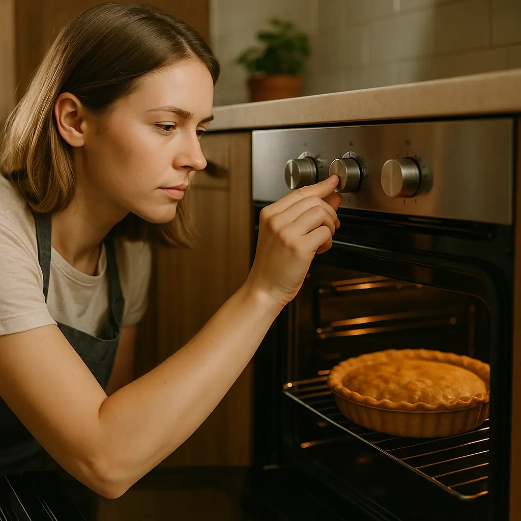 Como regular forno que assa torto: passo a passo, mulher ajustando botão, torta no forno