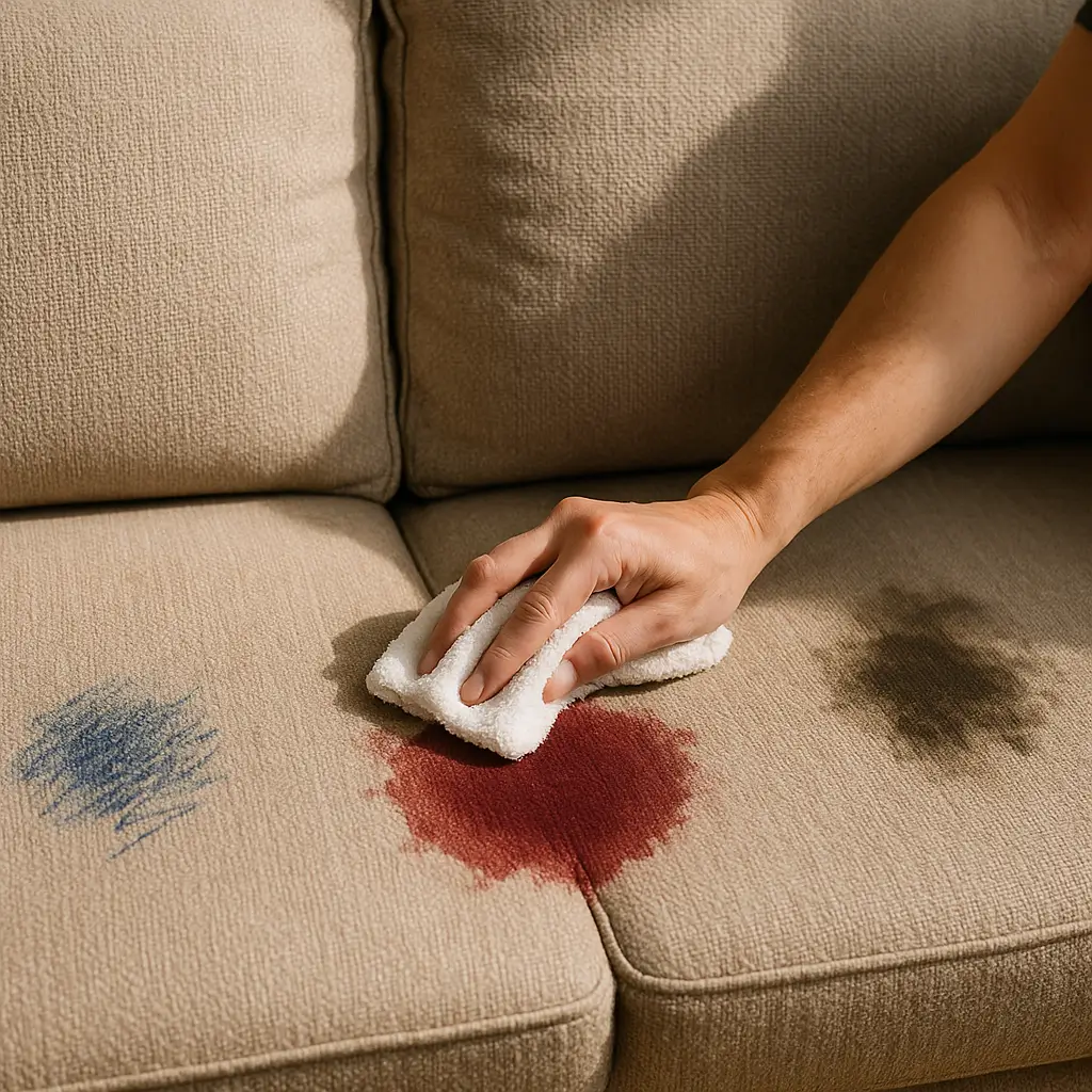 Como tirar mancha do sofá: passo a passo rápido, mão com pano branco limpando mancha vermelha, manchas azul e preta no sofá bege