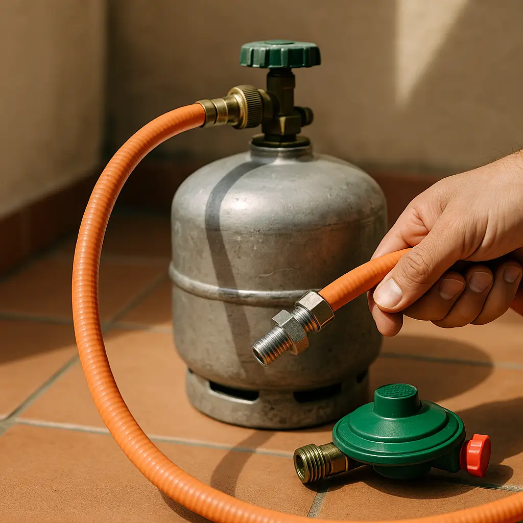 Como trocar mangueira e regulador de gás, mão segurando mangueira laranja com conector, botijão e regulador verde