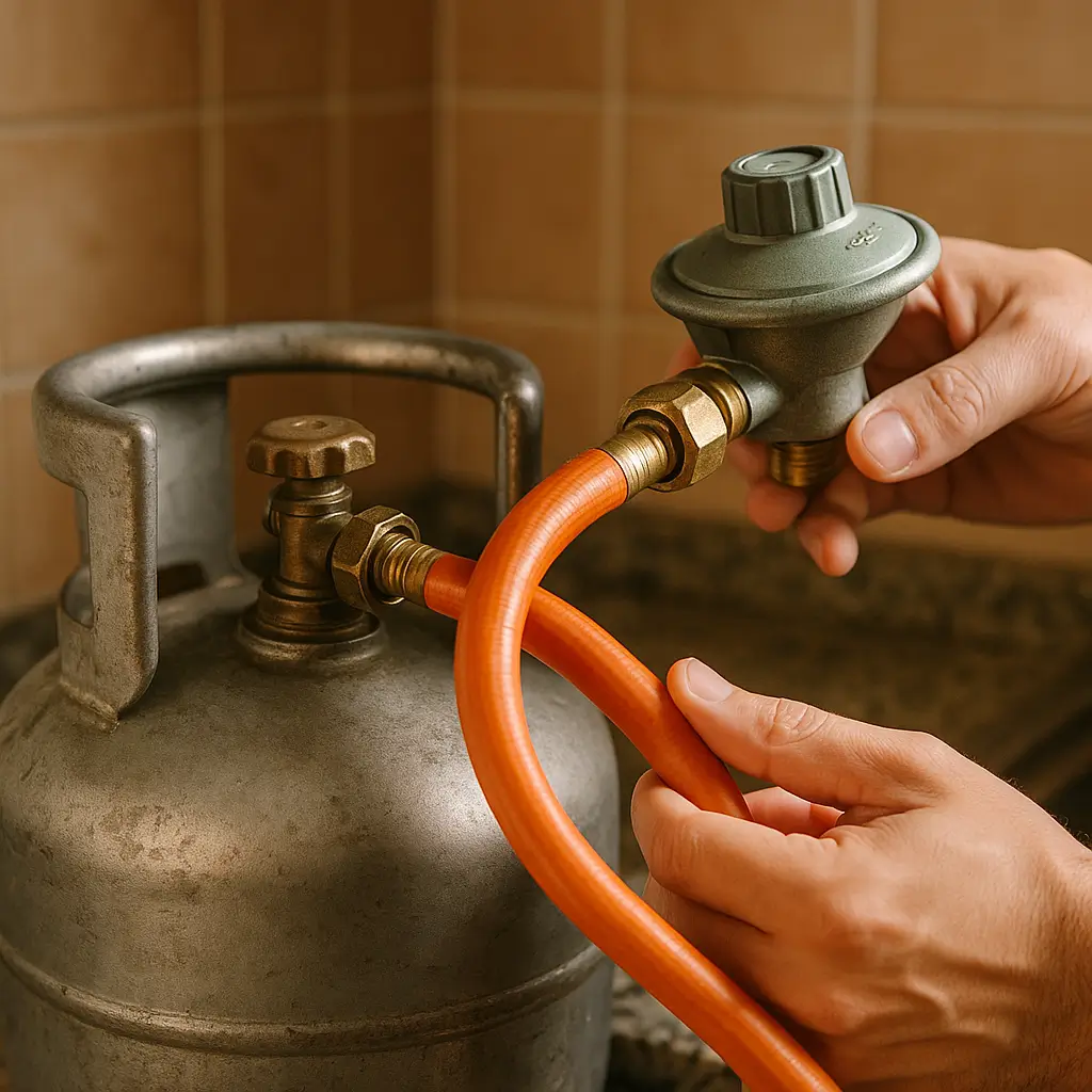 Como trocar mangueira e regulador de gás, mãos fixando regulador no botijão com mangueira laranja