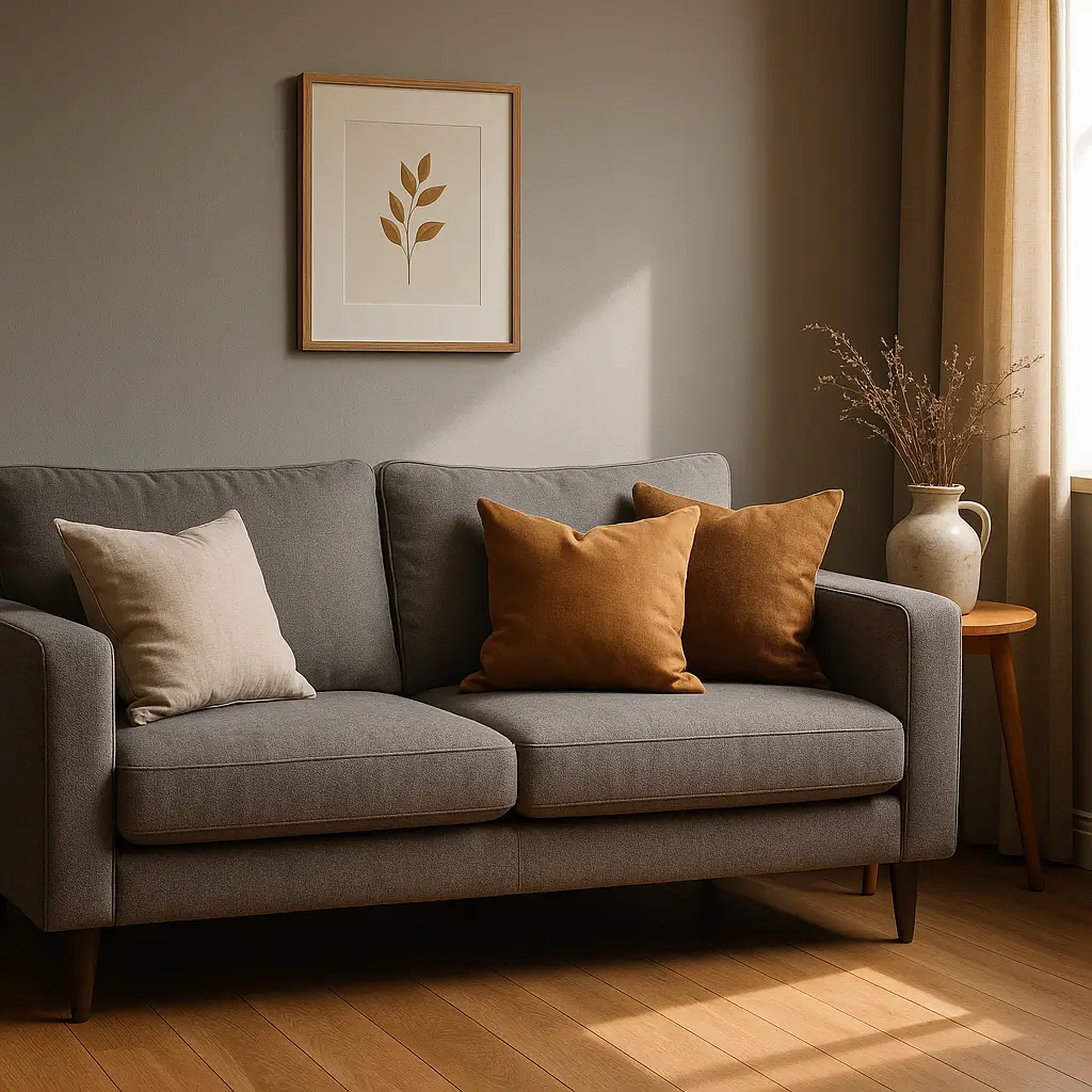 Cores de parede que combinam com sofá: guia rápido; sofá cinza, parede cinza quente, almofadas caramelo e bege, quadro minimalista