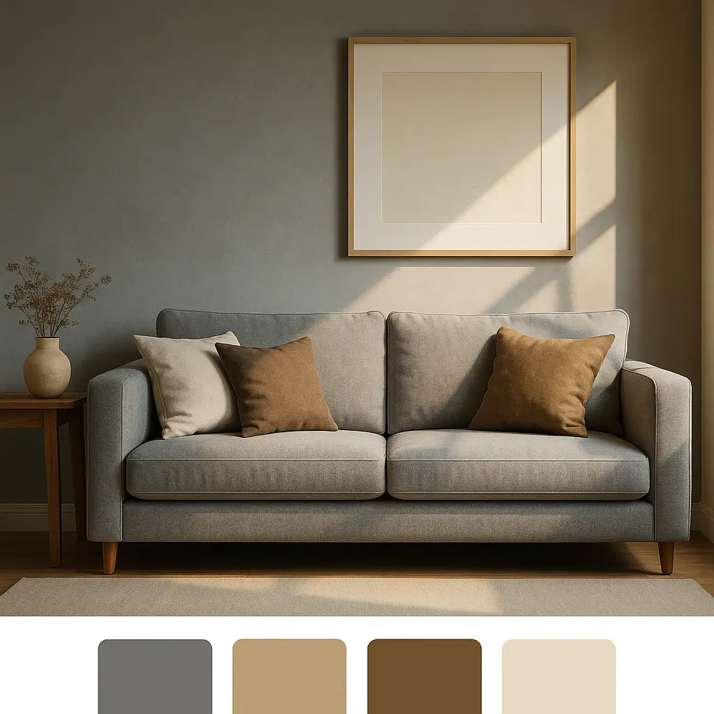 Cores de parede que combinam com sofá: guia rápido; sofá cinza, parede greige, paleta cinza, bege, marrom e off-white