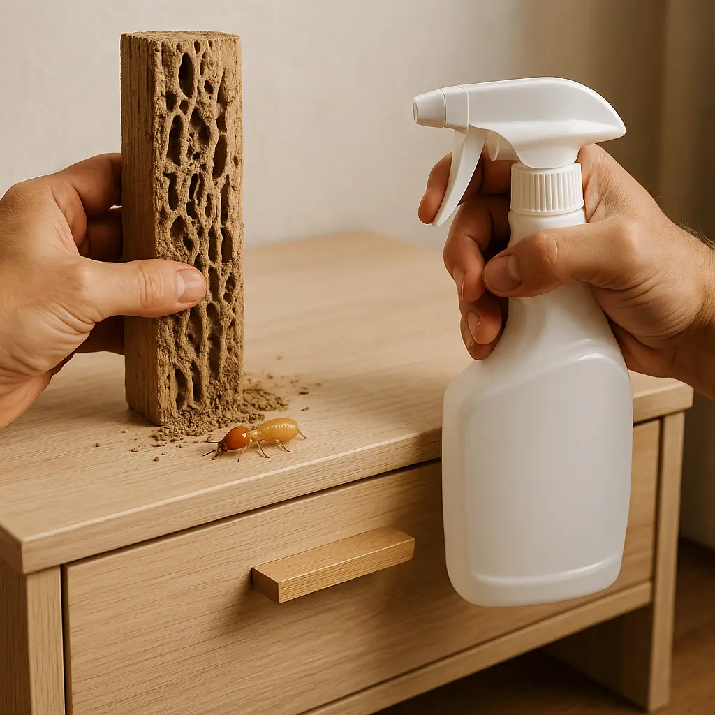 Cupim em móveis baratos: como identificar e proteger seus móveis; spray e madeira danificada.