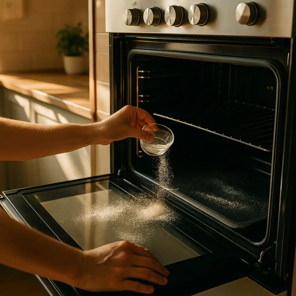 Cura do forno novo: como fazer sem cheiro, mão polvilhando bicarbonato no forno aberto