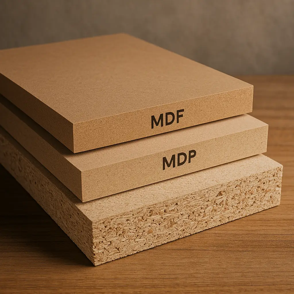Diferença entre MDF, MDP e aglomerado: qual escolher? Chapas MDF e MDP identificadas, aglomerado abaixo