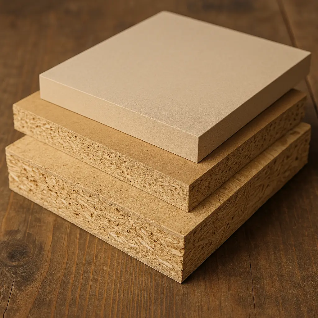 Diferença entre MDF, MDP e aglomerado: qual escolher? Chapas de MDF, MDP e aglomerado empilhadas sobre mesa