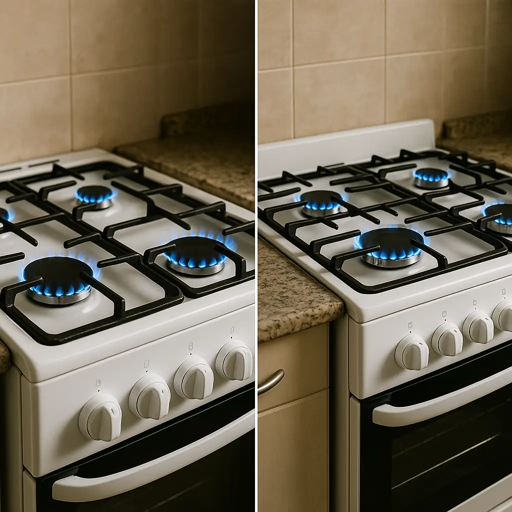 Fogão 4 ou 5 bocas qual gasta mais gás, close dos queimadores acesos de dois fogões brancos