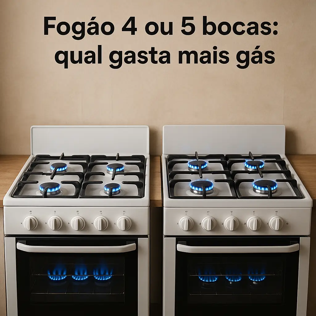 Fogão 4 ou 5 bocas qual gasta mais gás, dois fogões brancos lado a lado com chamas azuis