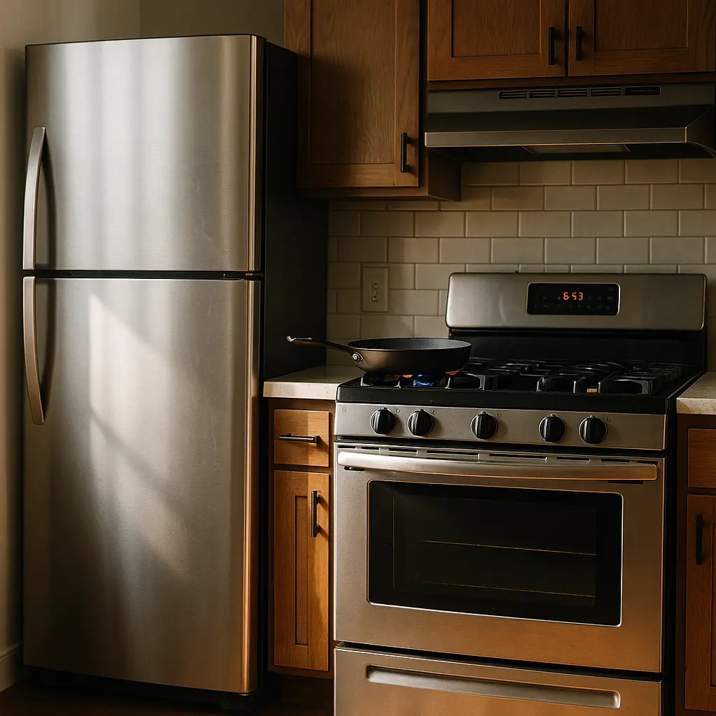 Fogão ao lado da geladeira: distância mínima e riscos, fogão inox com frigideira ao lado de geladeira inox